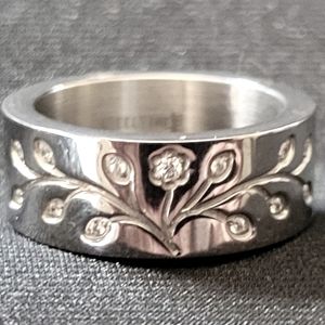 Steeltime stainless steel Tree Of Life silver band ring with simulated diamonds.